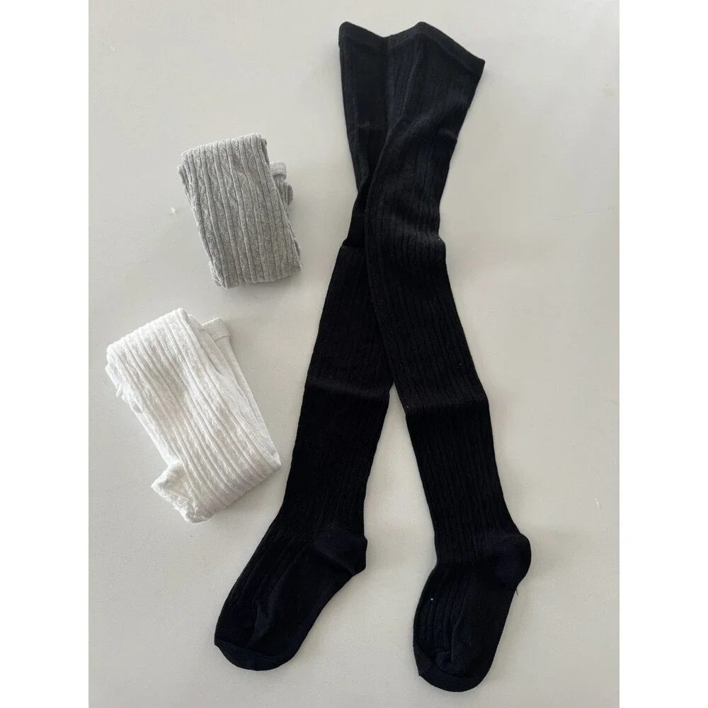 Girls' Cable Knit Cotton Footed Tights Size XS 4-5 gray white black 3 pack